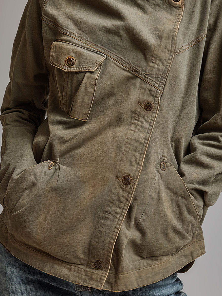 Retro Stand Collar Slanted Placket Pocket Jacket