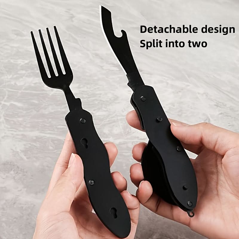 4-in-1 Stainless Steel Camping Utensils Set – Fork, Spoon, Knife, Bottle Opener