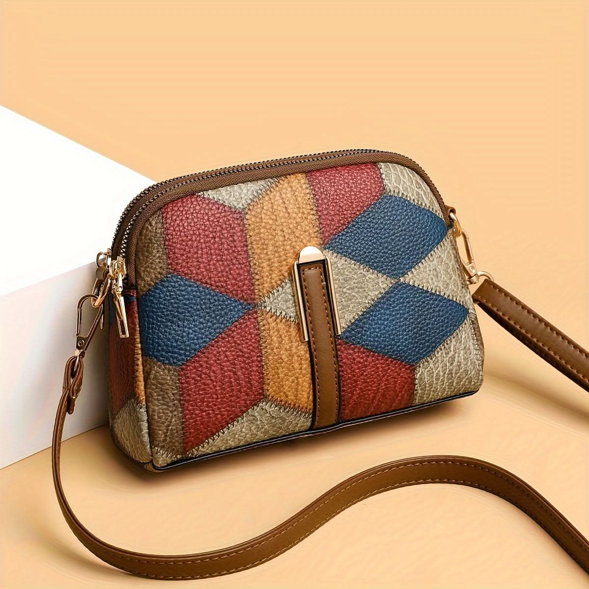 Mini Colorblock Crossbody Bag – Retro Rhombus Print