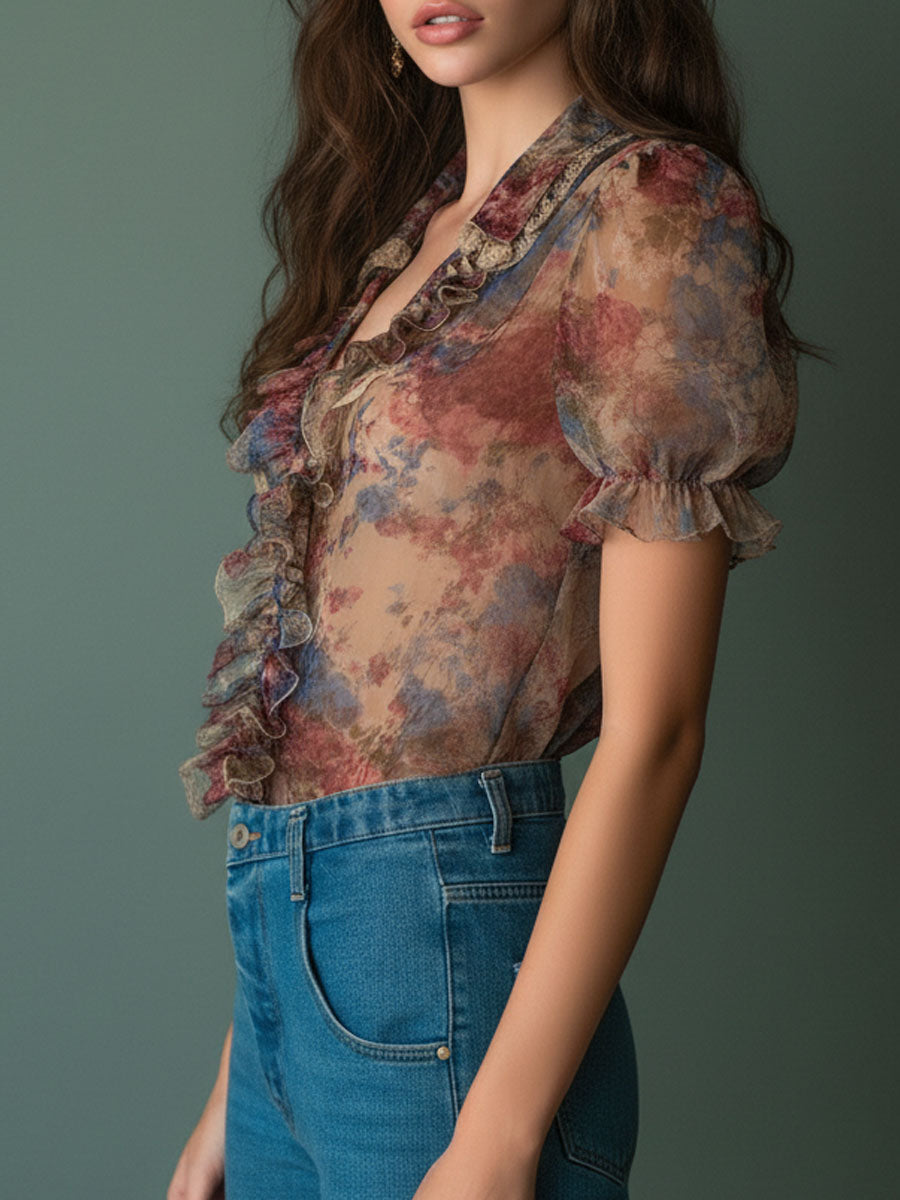 Vintage Sheer Floral Ruffle Puff Sleeve Blouse