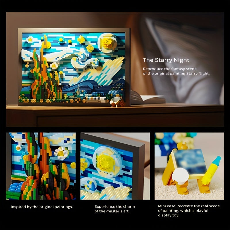 3D Starry Night Building Block Set – DIY Art Puzzle for Adults, ABS Small Bricks