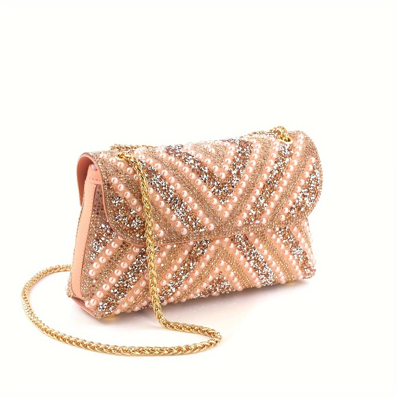 Pink Rhinestone Pearl Clutch – Chain Strap Bag