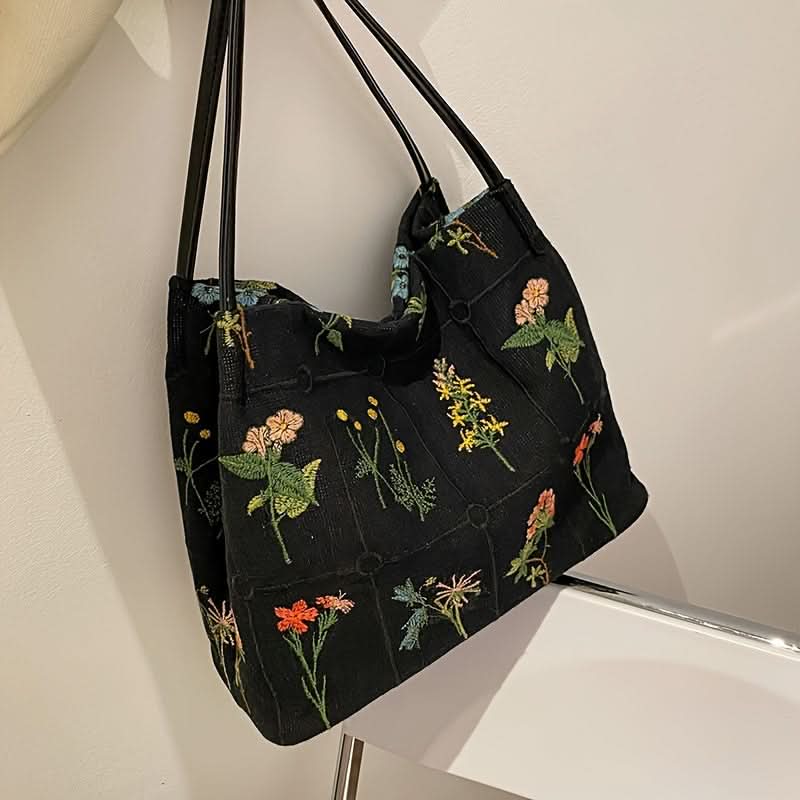 Retro Canvas Tote Bag – Floral Embroidery, Large Capacity