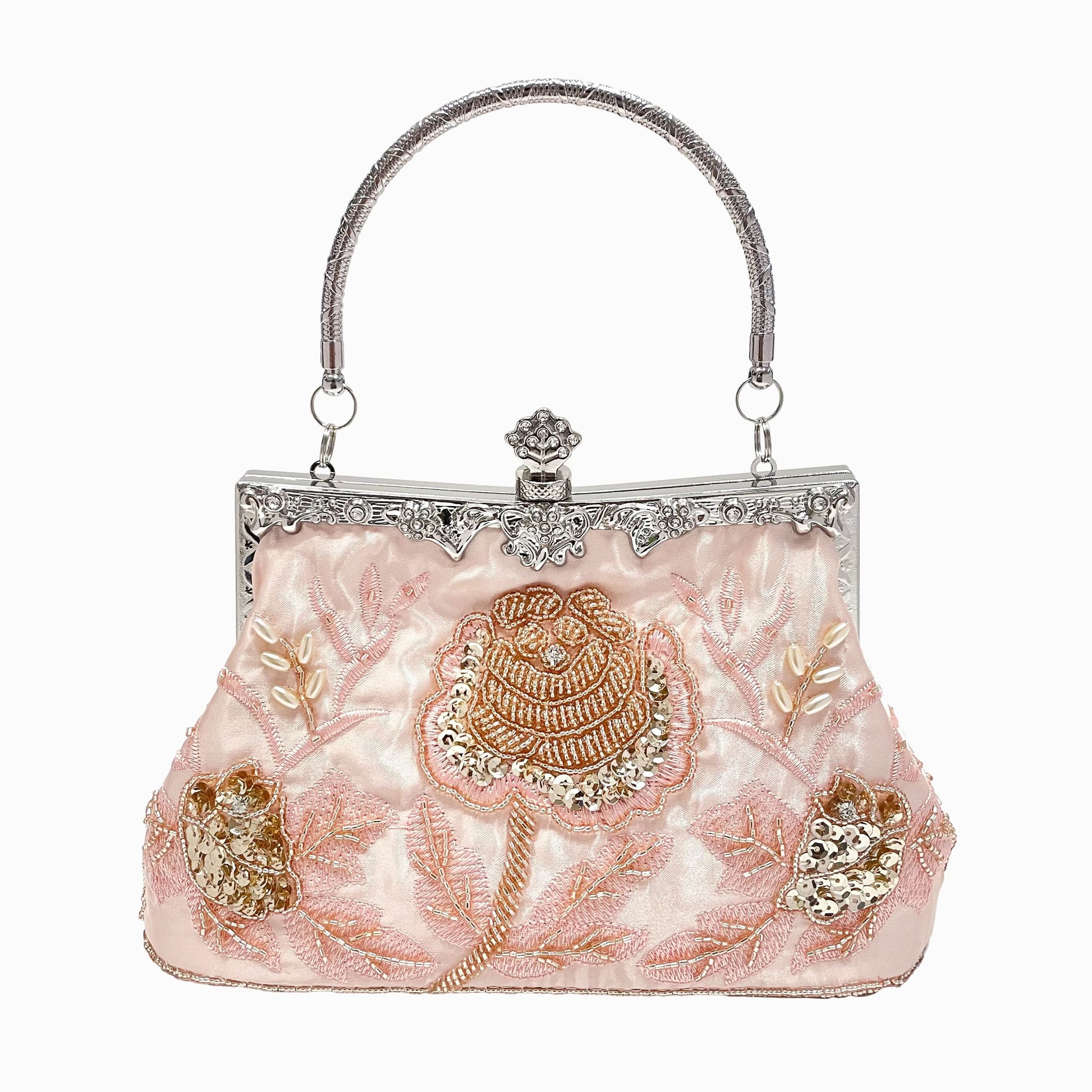 Vintage Floral Beaded Clutch, Satin Evening Bag