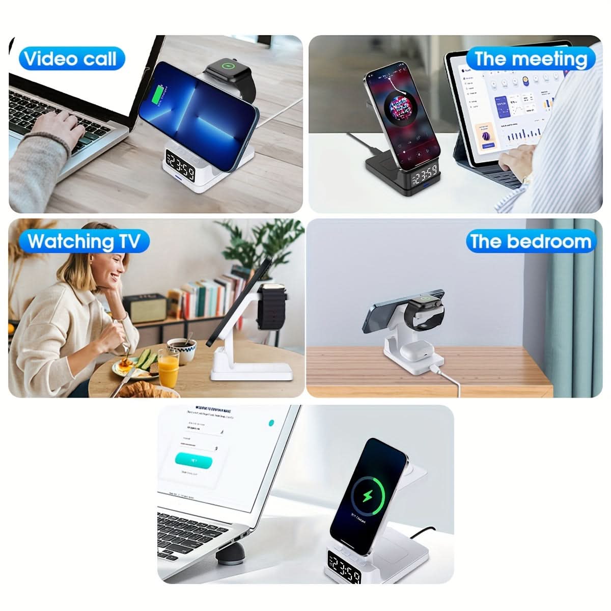 4-in-1 Magnetic Wireless Charging Stand with Digital Clock - Type-C USB