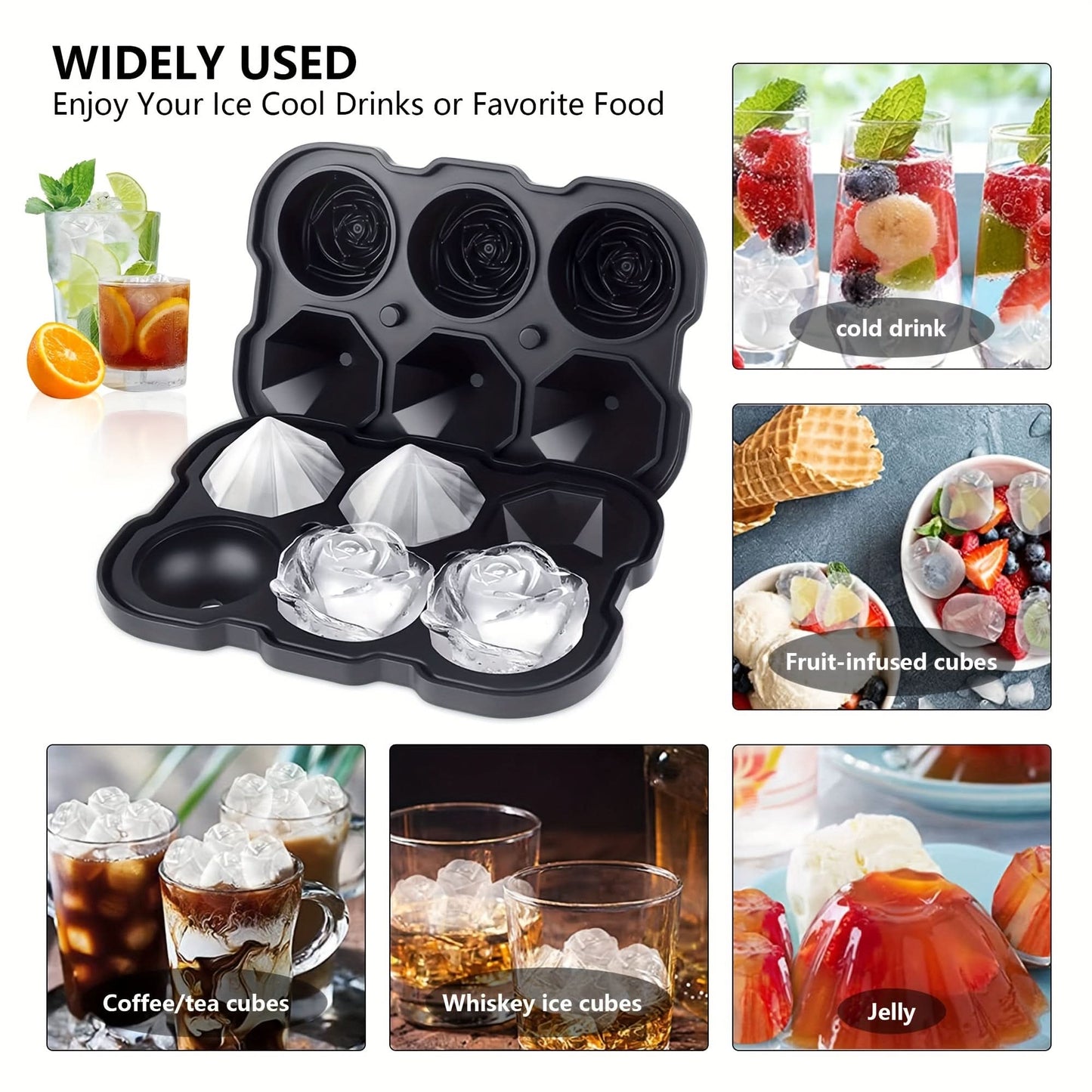 Silicone Rose Ice Cube Tray with Lid – 3-Cavity Diamond Ball Mold