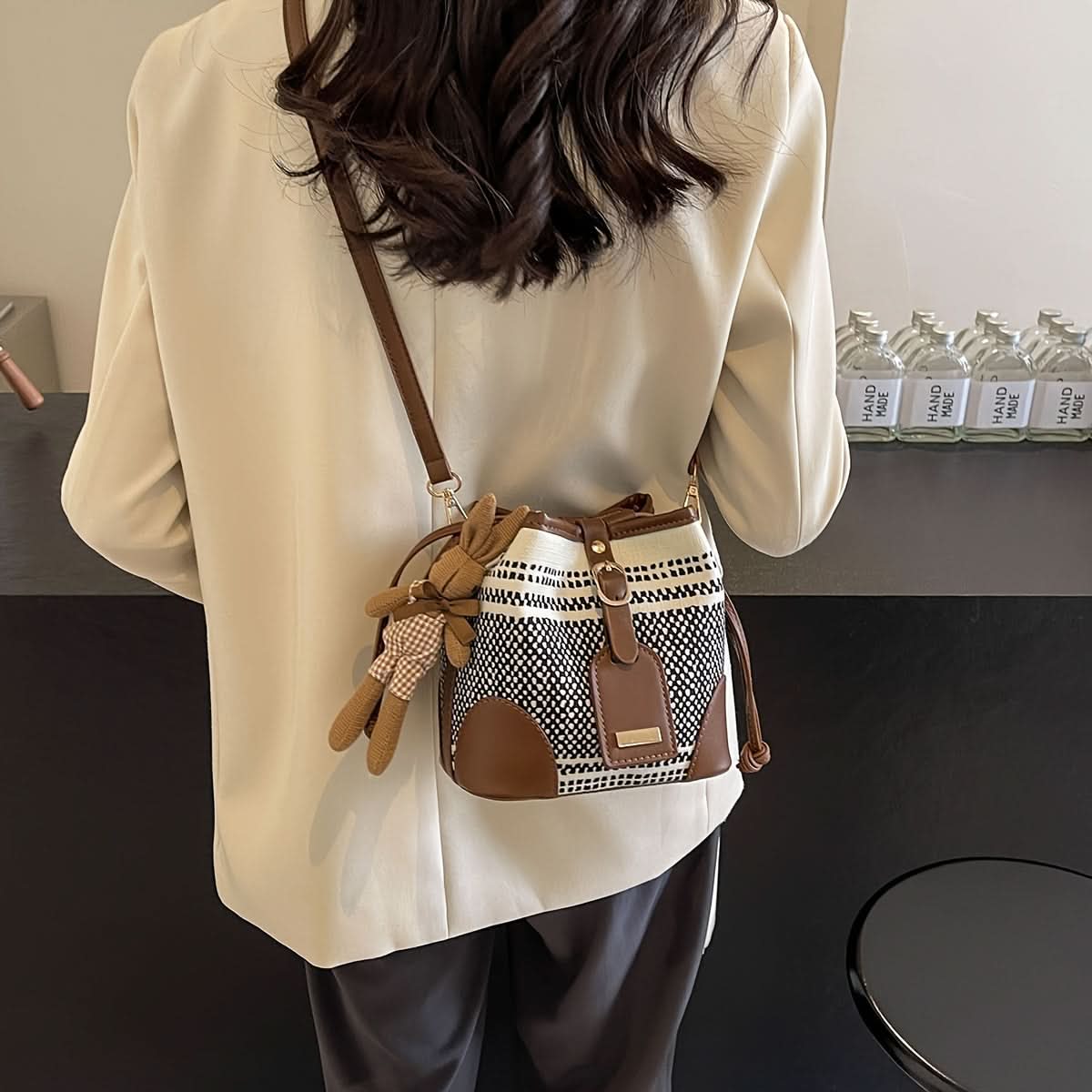 Women's Mini Contrast Color Canvas Shoulder Bag with Bunny Pendant