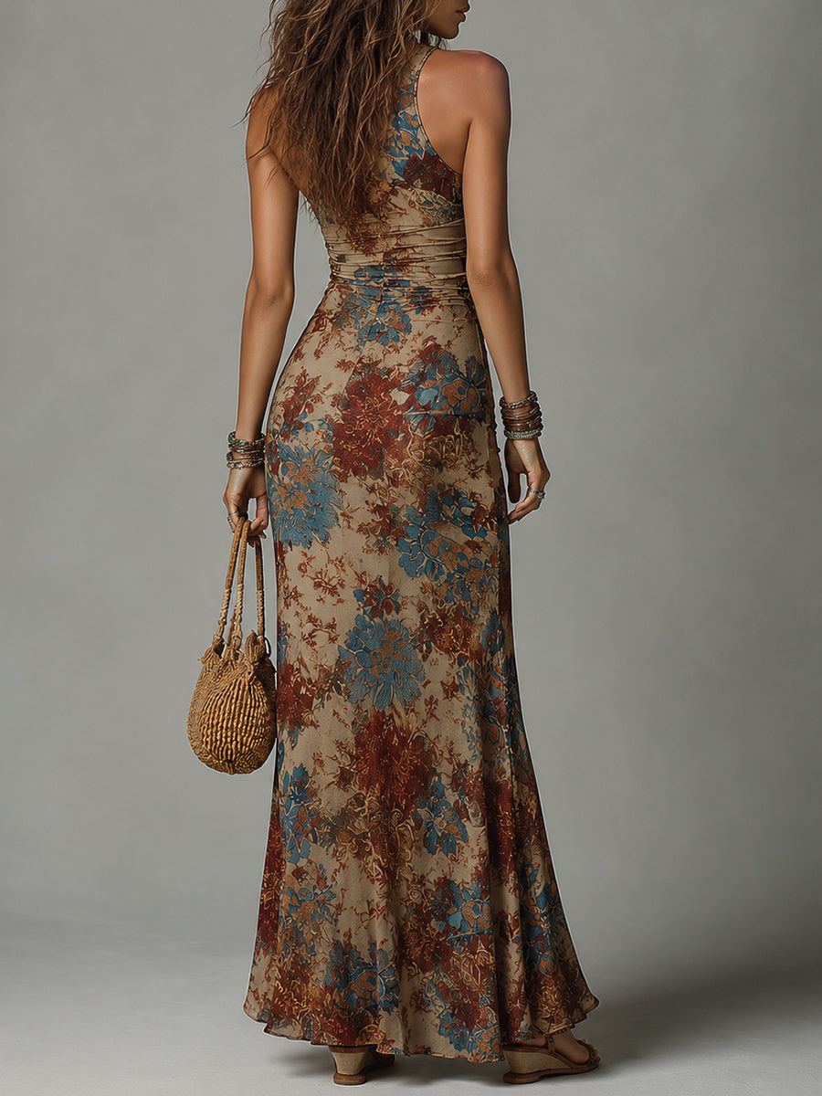 Retro Ethnic-Print Sleeveless Slit Hem Maxi Dress