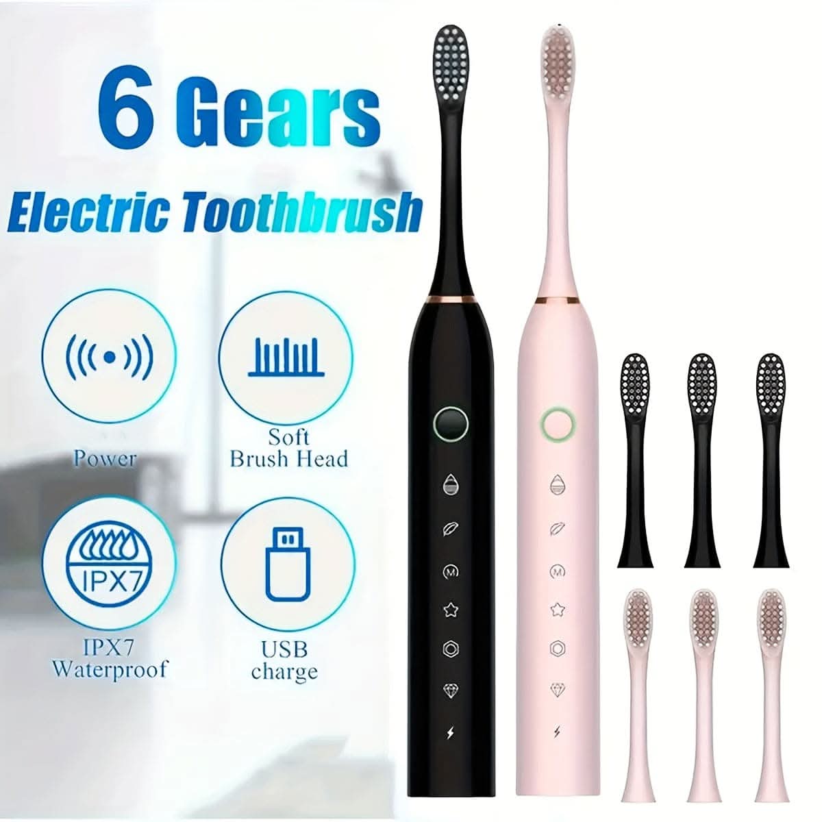 Rechargeable USB Electric Toothbrush – 4/8 Replacement Heads