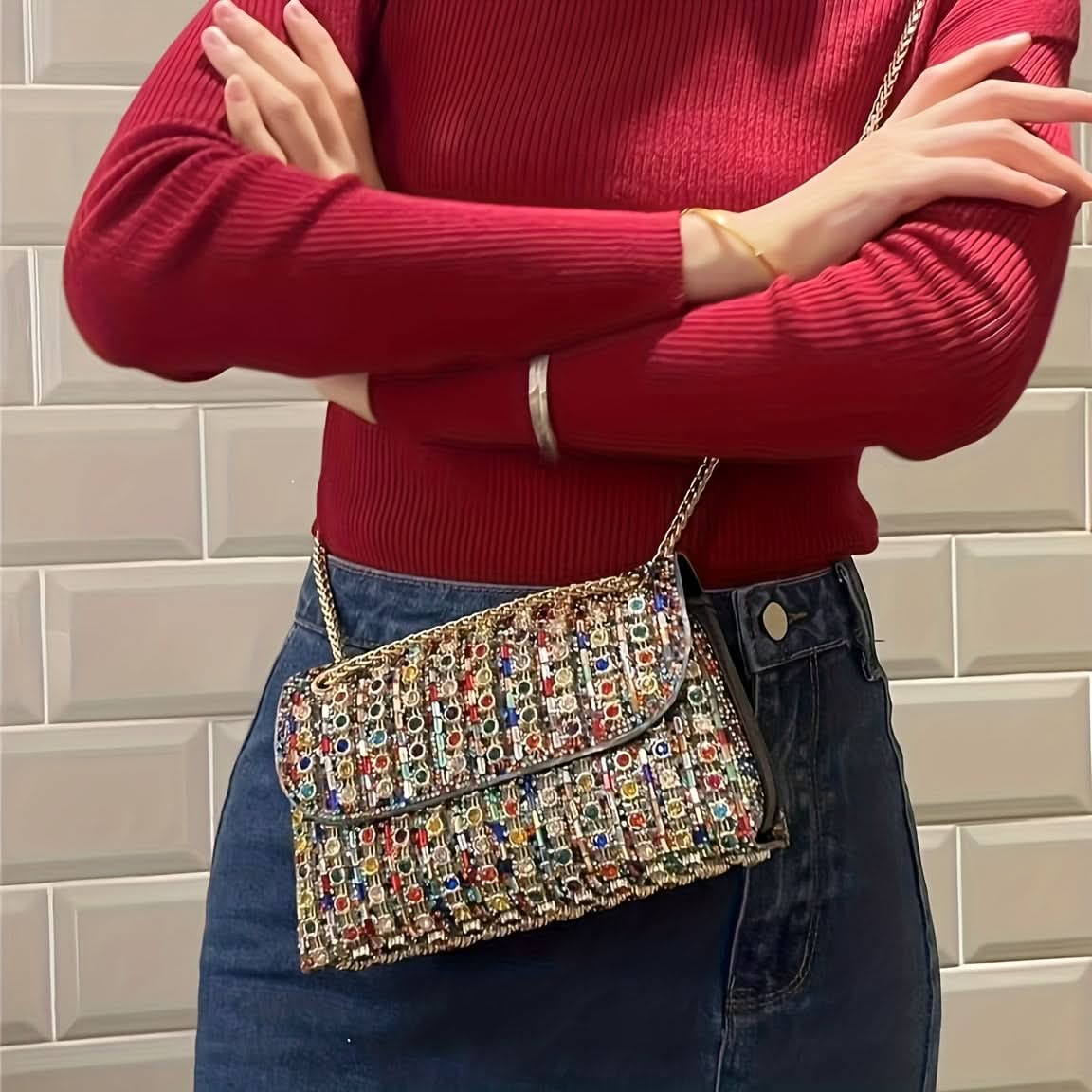 Rhinestone Stripe Evening Clutch with Strap
