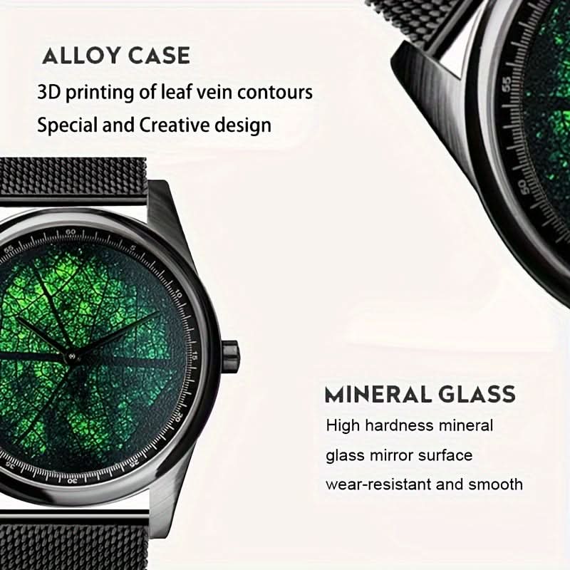 Men's Funky Quartz Watch with 3D Leaf Vein Dial – Unique Texture, Stainless Steel Strap