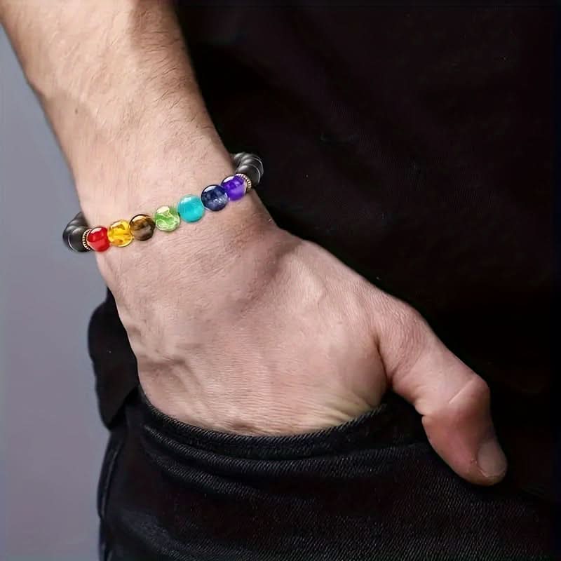 7 Chakra Lava Stone Healing Bracelets, Adjustable Pair
