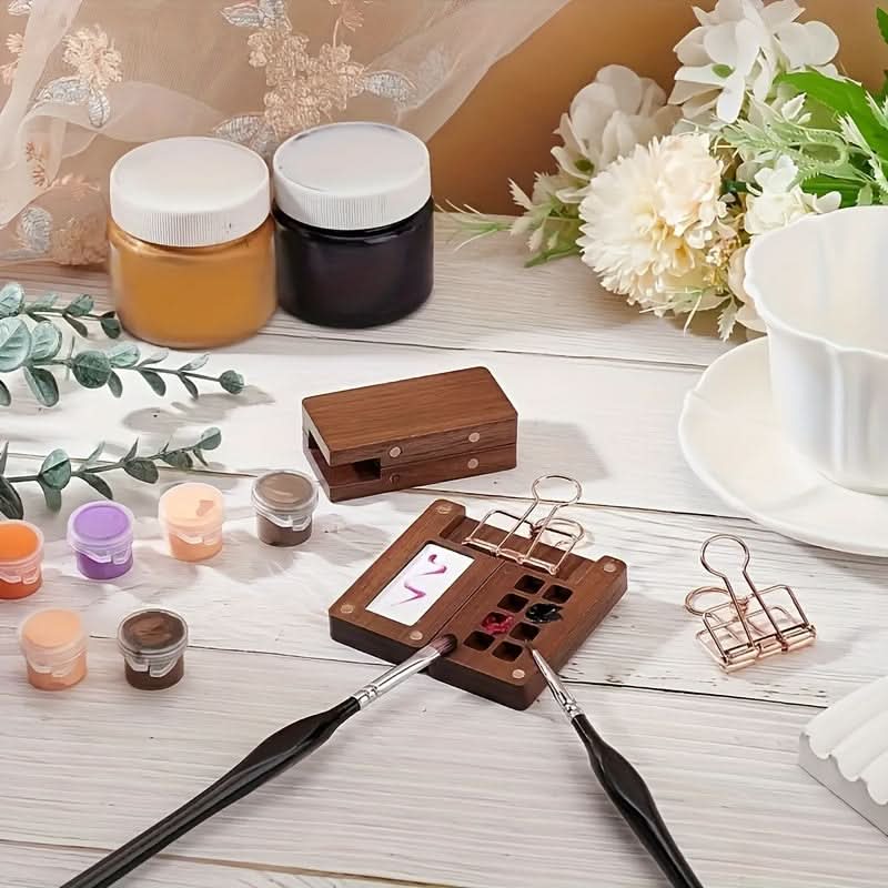 Handcrafted Mini Paint Box with 8 Compartments – Walnut Wood Design for Nail Art