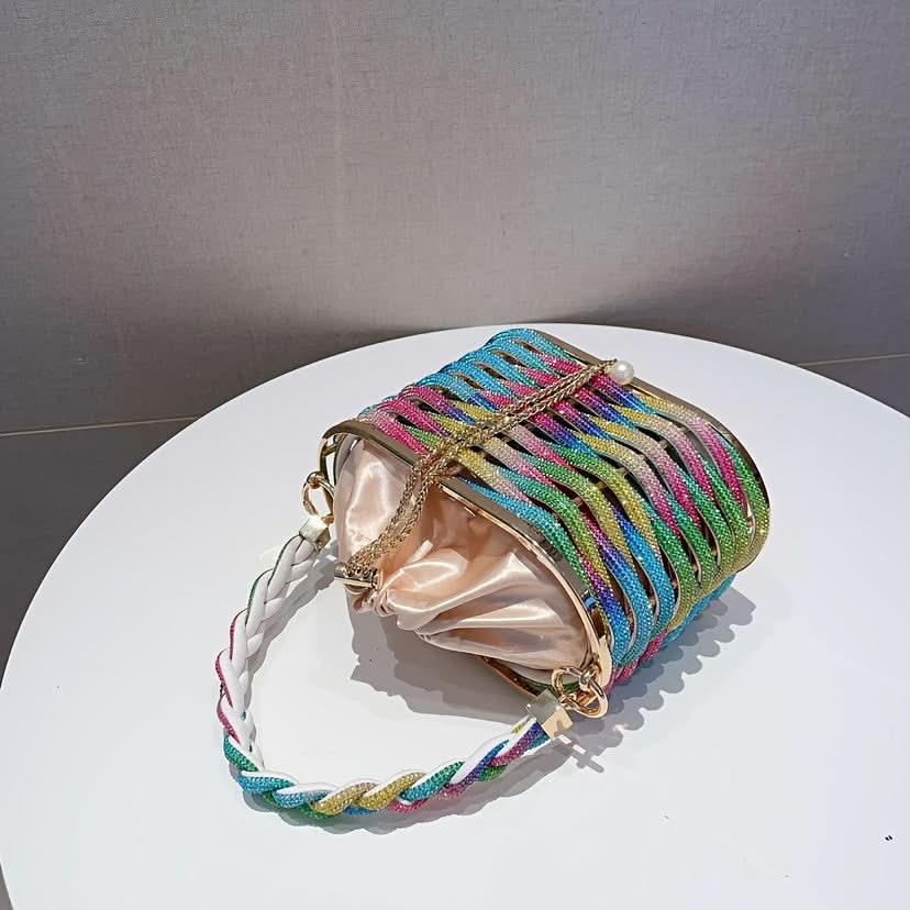 Colorful Rhinestone Drawstring Evening Bag, Chain Purse