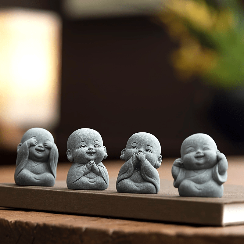 Set of 4 Mini Monk Figurines – Cute Resin Tea Pets & Home Decor