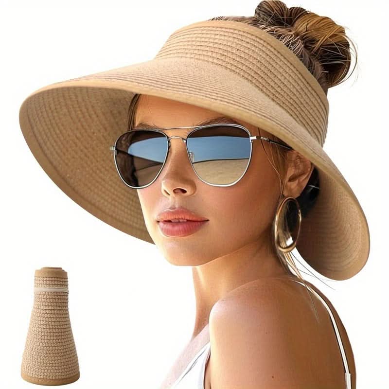 Women’s Wide Brim Straw Sun Hat with Ponytail Hole – Foldable