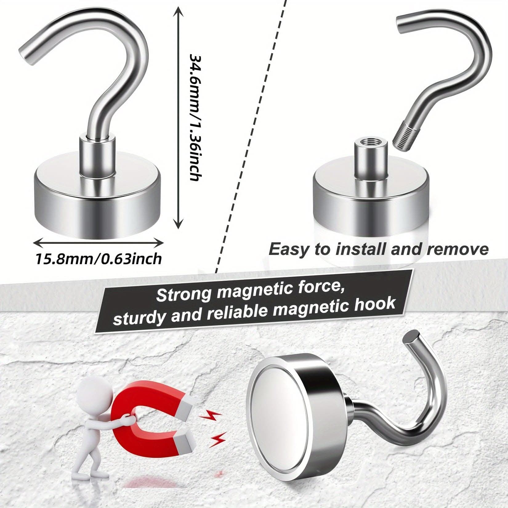 3/6/12pcs Heavy-Duty Neodymium Magnet Hooks - Strong 25lbs Capacity