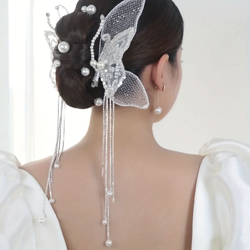 Butterfly Pearl Tassel Bridal Hair Clips