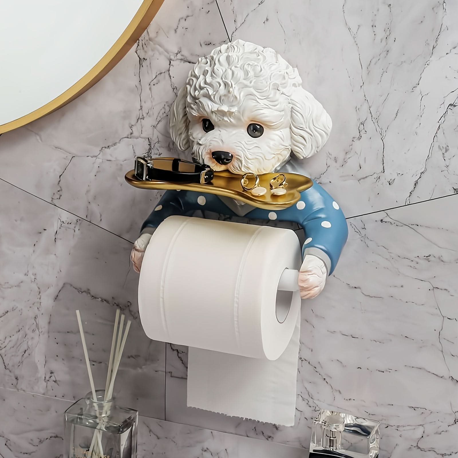 Cute Dog Wall-Mounted Toilet Paper Holder – Resin Bathroom Tissue Dispenser