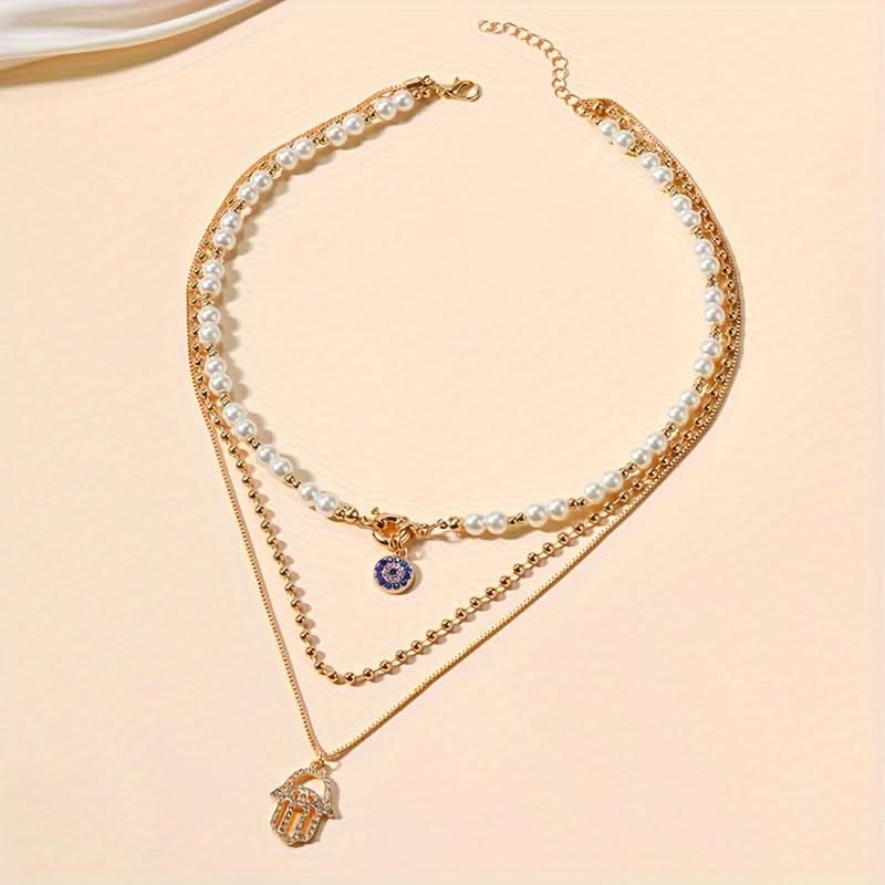 Elegant Layered Hamsa Necklace with Rhinestones