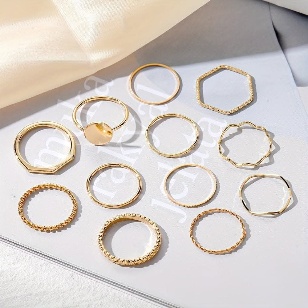 12 pcs. Stacking Rings Set – Wave & Minimalist Bands