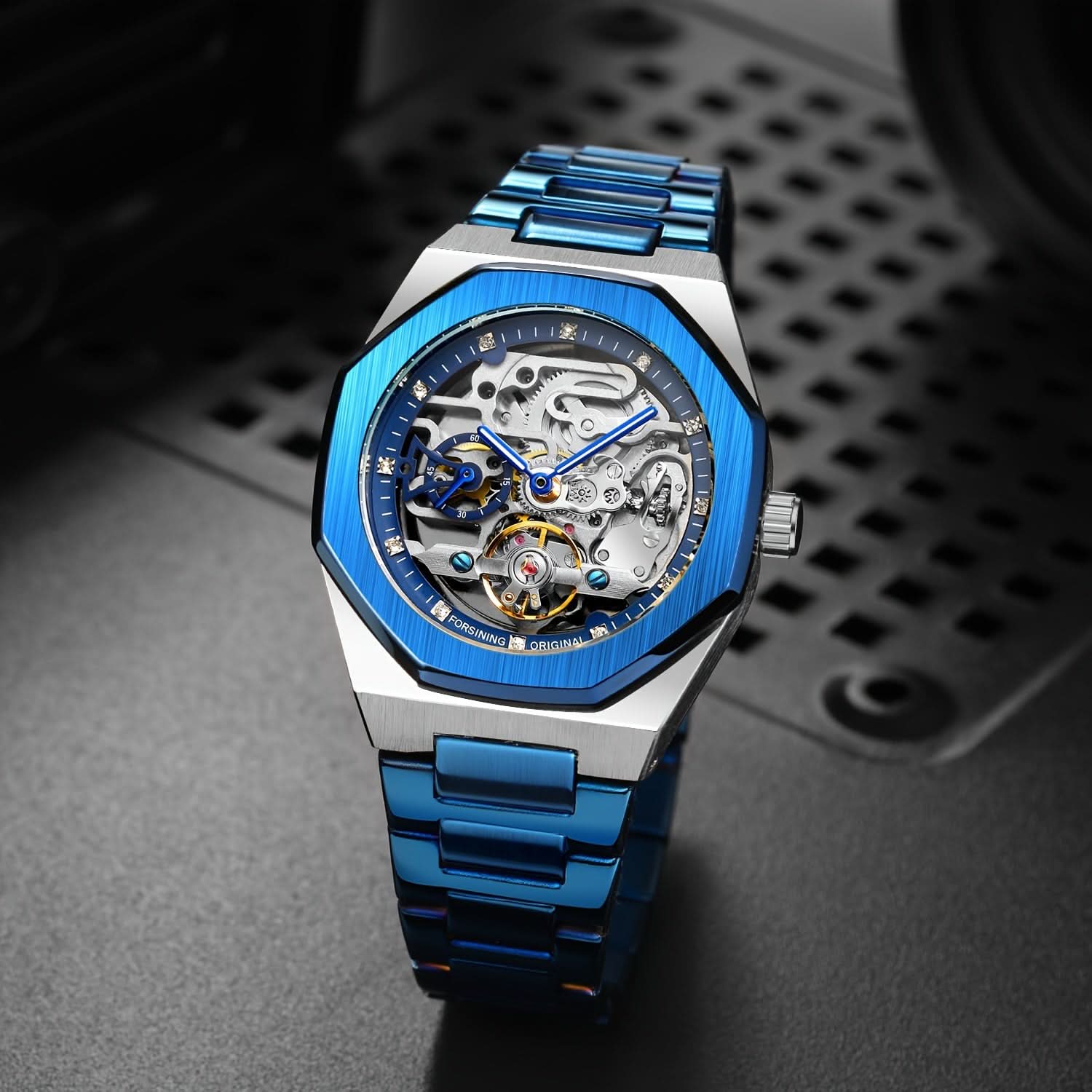 Men's Blue Skeleton Automatic Watch – Stainless Steel, Luminous Hands