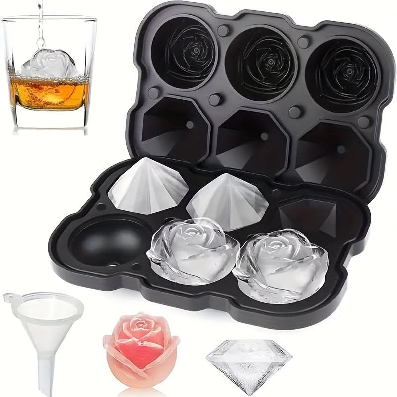 Silicone Rose Ice Cube Tray with Lid – 3-Cavity Diamond Ball Mold