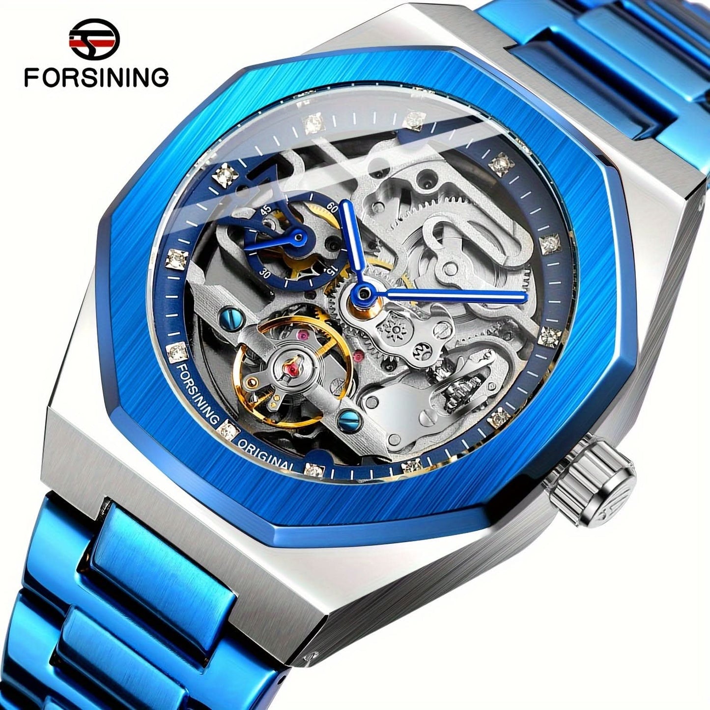 Men's Blue Skeleton Automatic Watch – Stainless Steel, Luminous Hands