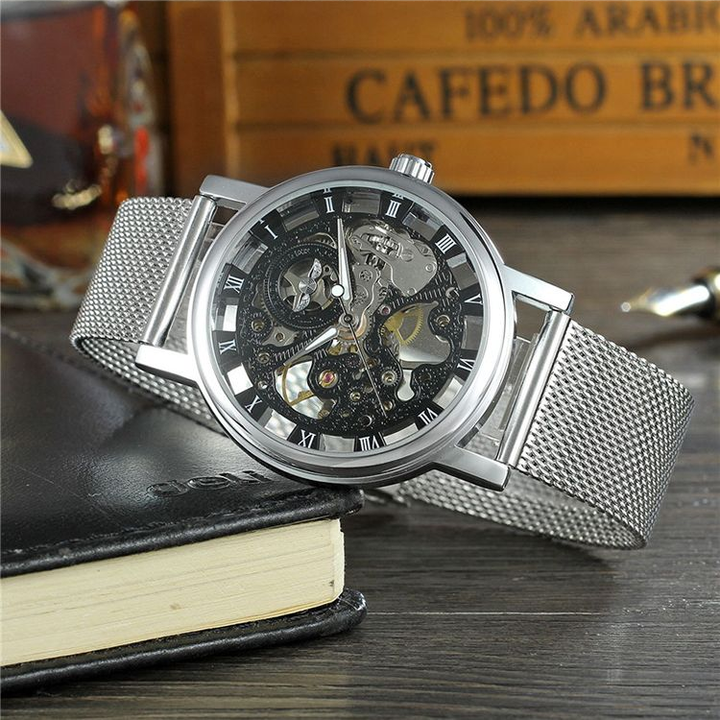 T-WINNER Men's Mechanical Skeleton Watch – Classic Stainless Steel Mesh Band Timepiece