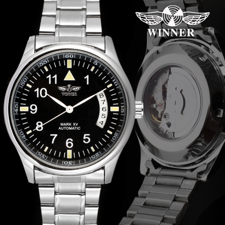 T-Winner Men’s Semi-Hollow Mechanical Watch – Stainless Steel Band, Calendar Display