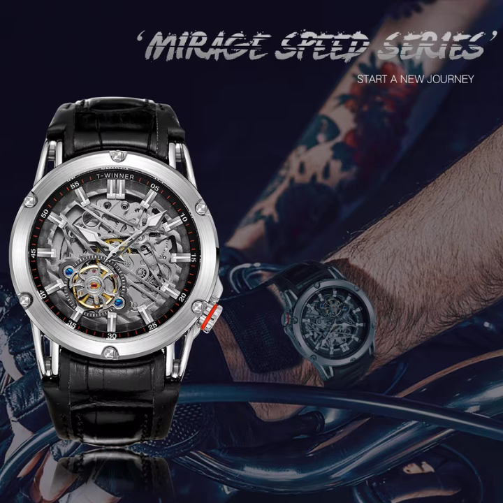 T-Winner Men’s Automatic Mechanical Watch – Elegant Leather Strap, Luminous Skeleton Dial