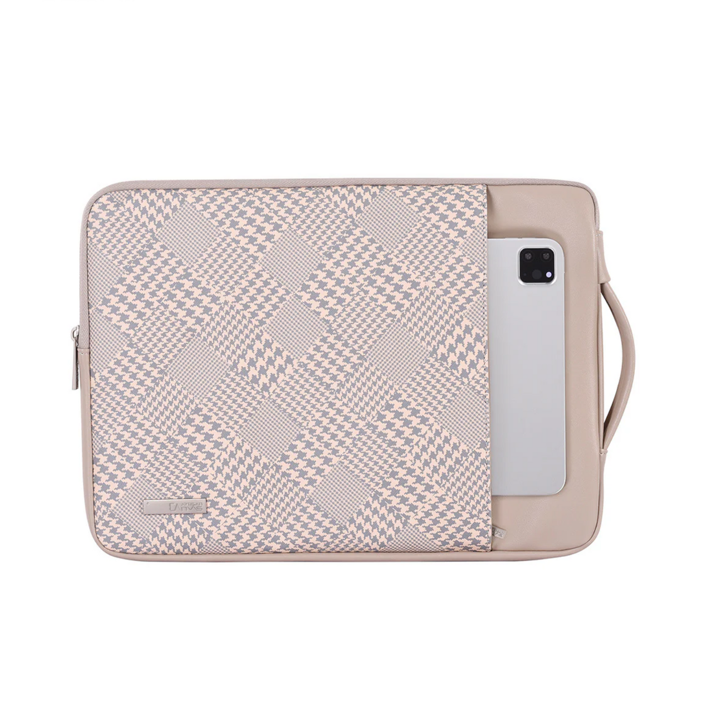 Beige PU Leather Laptop Sleeve – Waterproof & Shockproof Houndstooth Case (11–15 Inch)