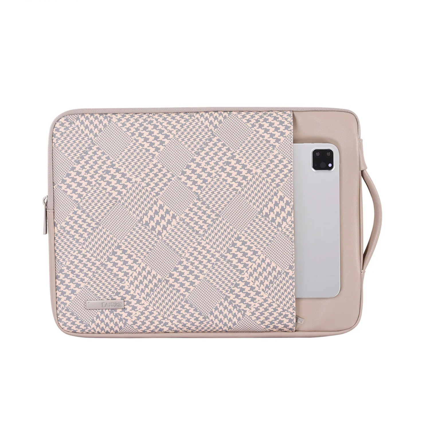 Beige PU Leather Laptop Sleeve – Waterproof & Shockproof Houndstooth Case (11–15 Inch)