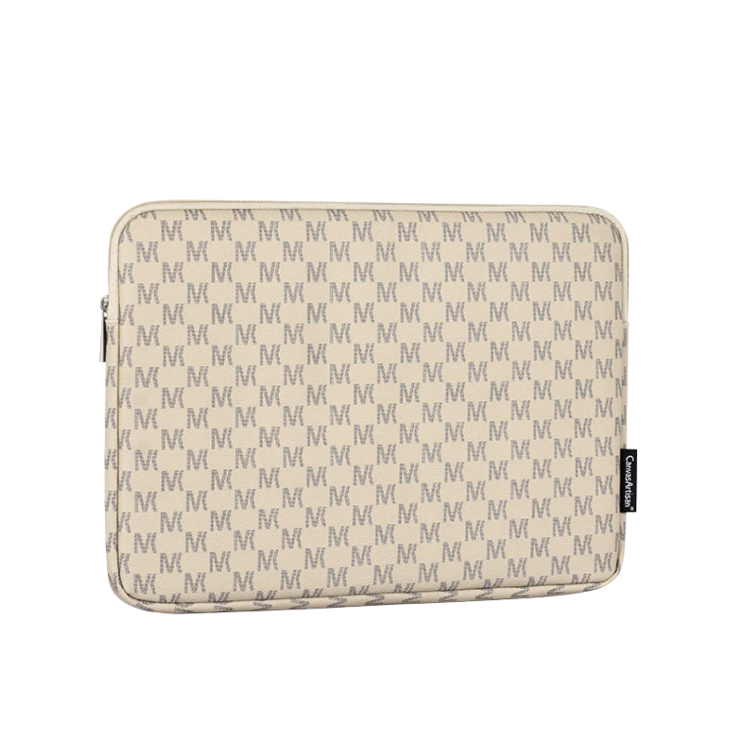 Beige Monogram PU Leather Laptop Sleeve – Waterproof Zipper Case for 11–15” Devices