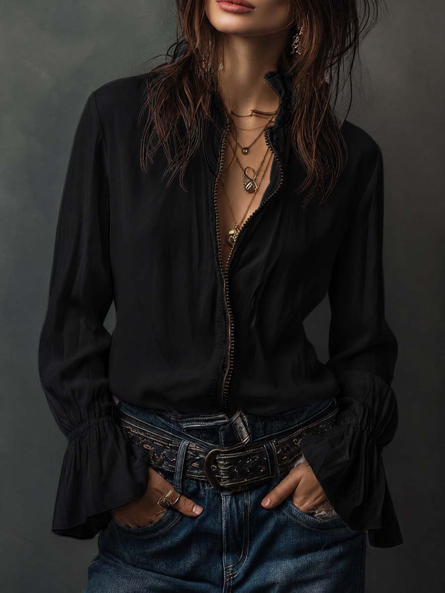 White Zip-Front Blouse With Flounce Cuffs