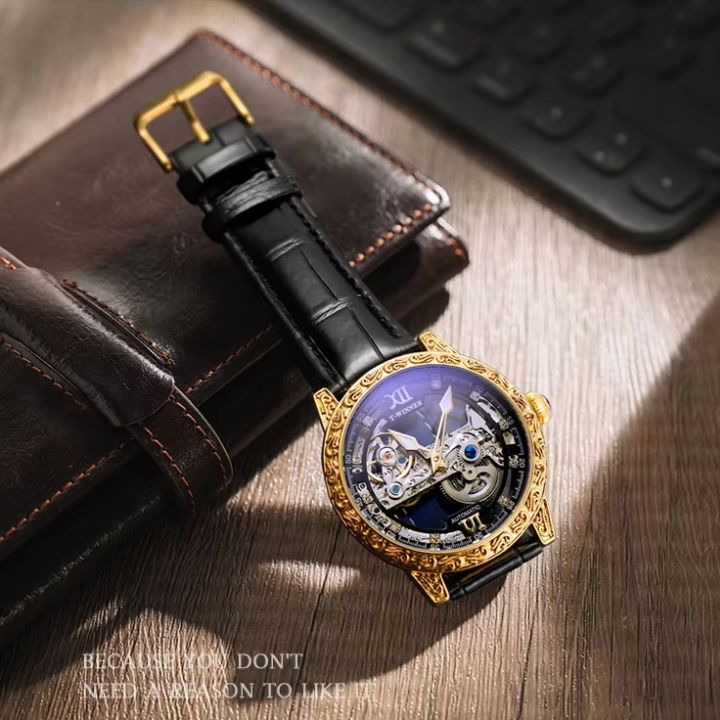 T-Winner Skeleton Automatic Watch for Men – Luxury Mechanical Design with Leather Strap