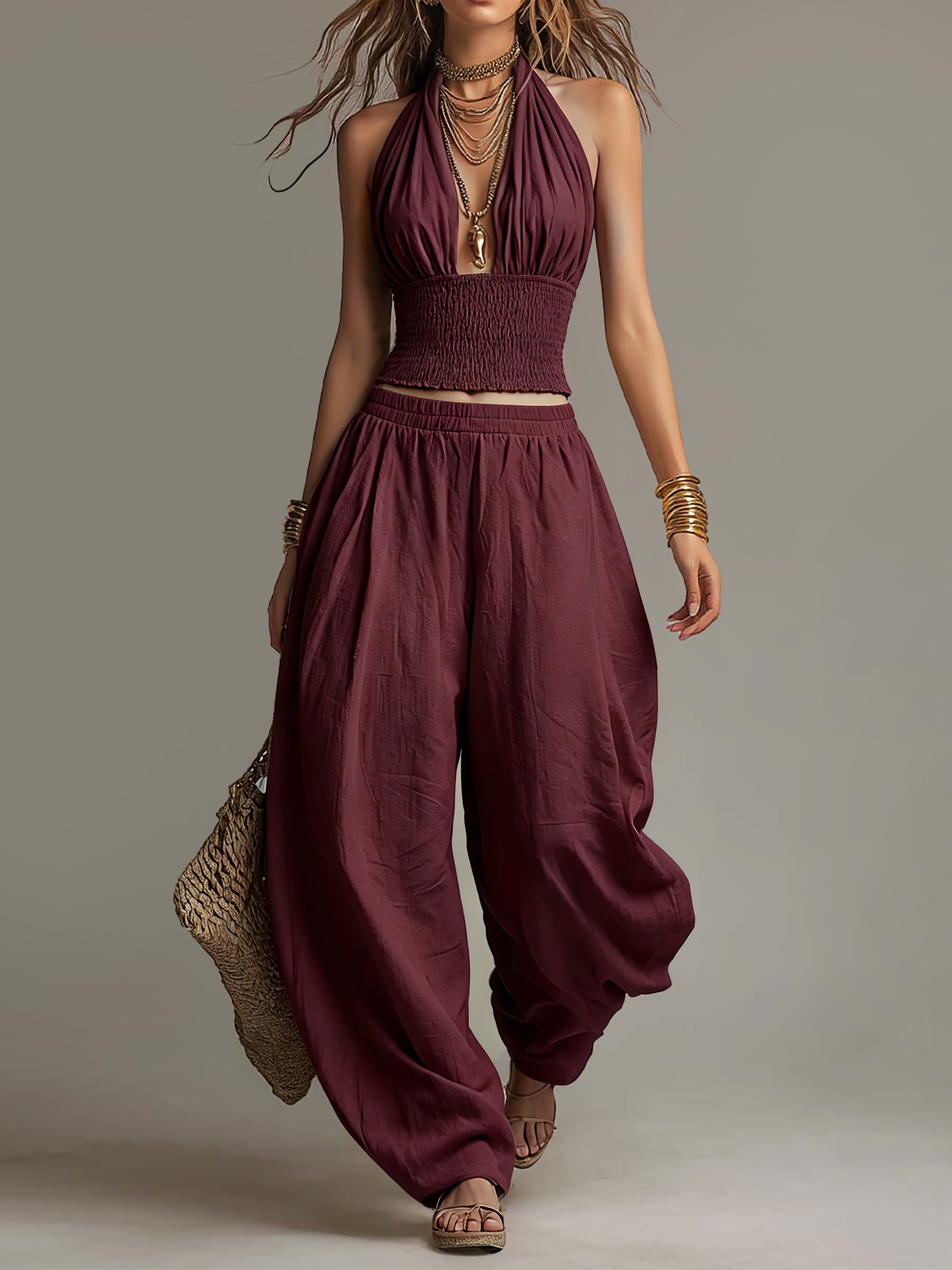 Bohemian Cotton-Linen Halter Smocked Crop Top & Harem Pants Two-Piece Set
