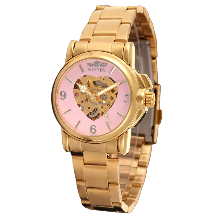 T-Winner Women’s Skeleton Watch – Elegant Heart Design Dial, Stainless Steel Bracelet