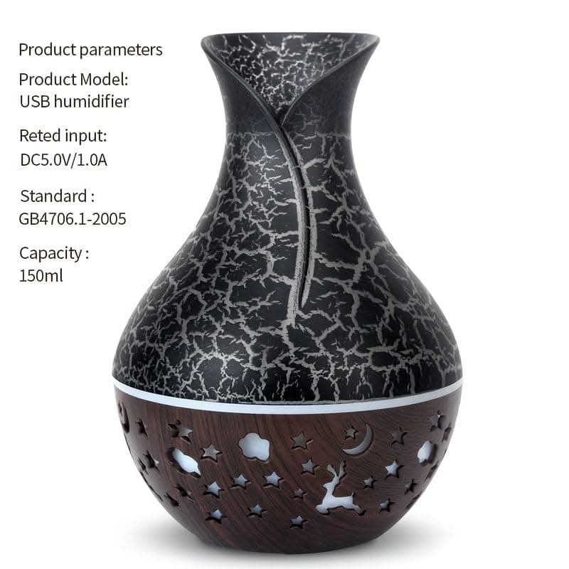150ml Wood Grain Aromatherapy Diffuser Humidifier - Stylish Vase Design with LED Light