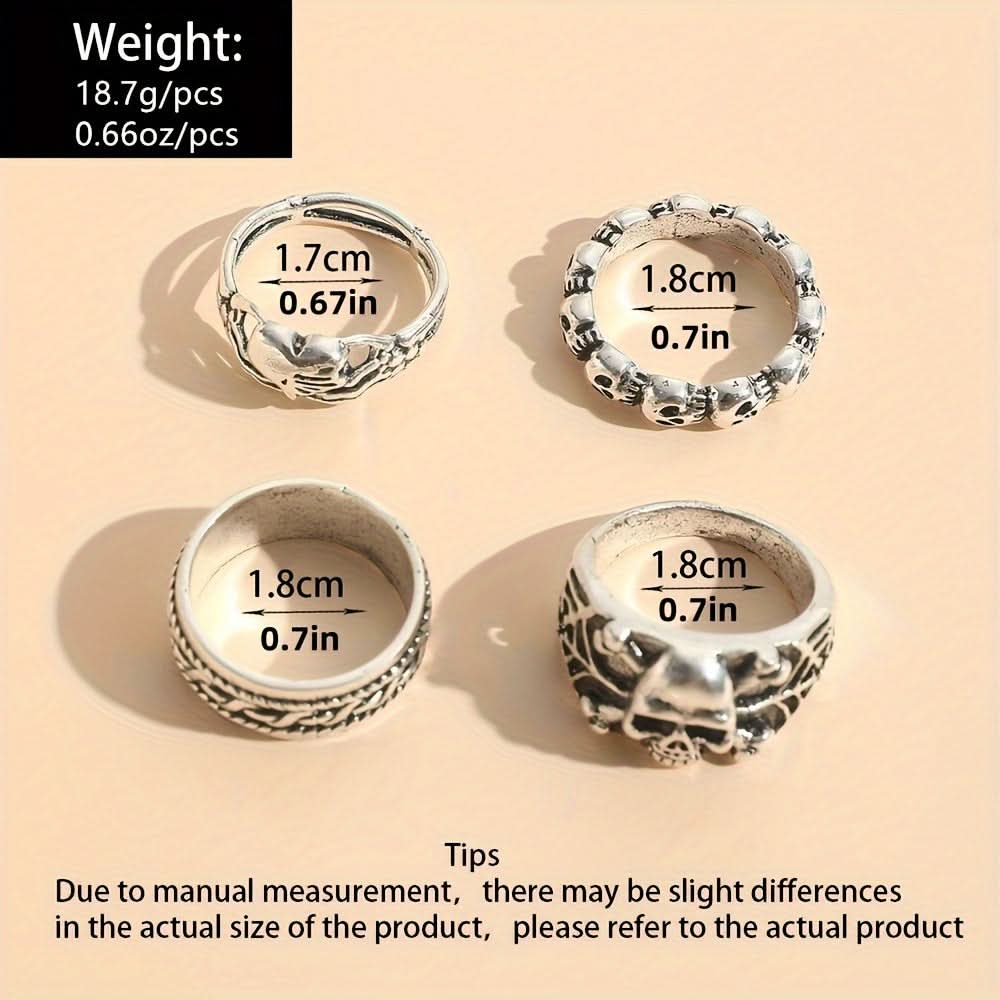 4-Piece Gothic Skull Punk Metal Rings