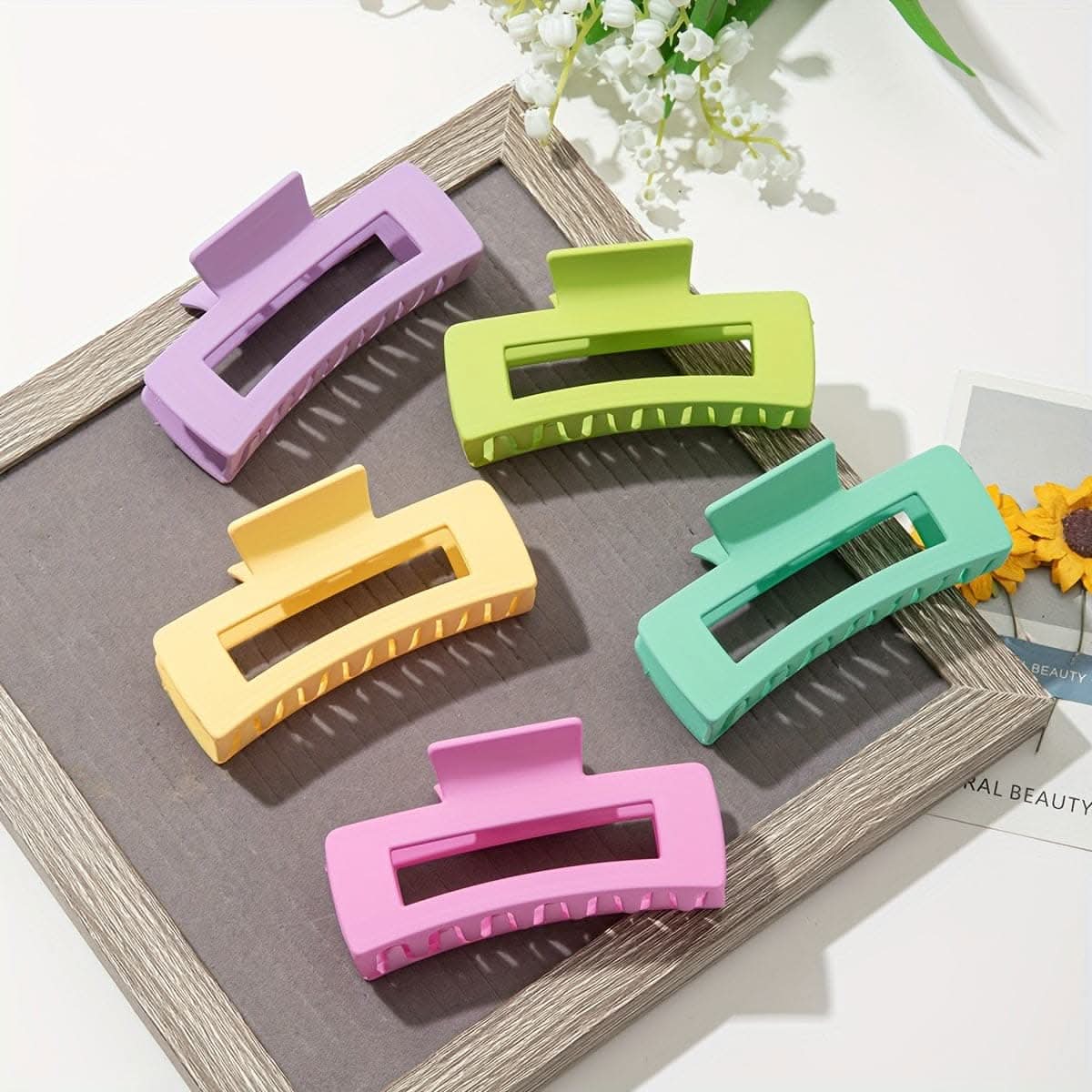 5pcs Solid Color Hollow Out Rectangular Hair Claw Clips