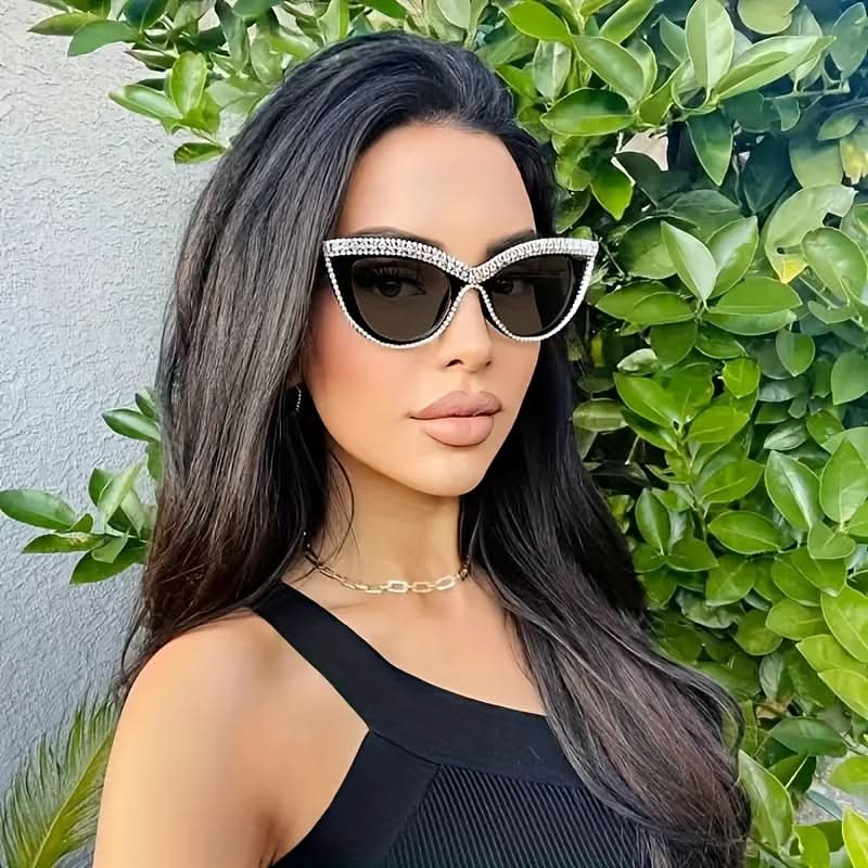 Luxury Rhinestone Cat Eye Sunglasses – Mirrored Lenses