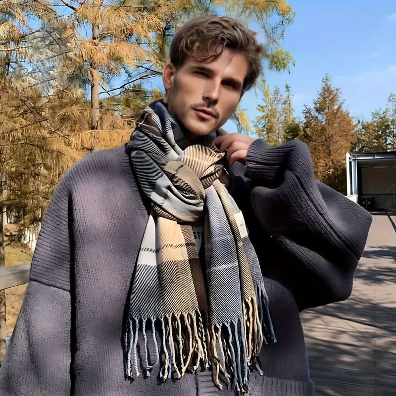 Men's Handmade Plaid Scarf with Tassels – Warm, Knitted Polyester for Fall/Winter