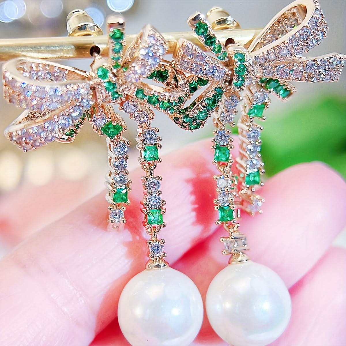 Faux Pearl Bow Dangle Earrings with Zircon