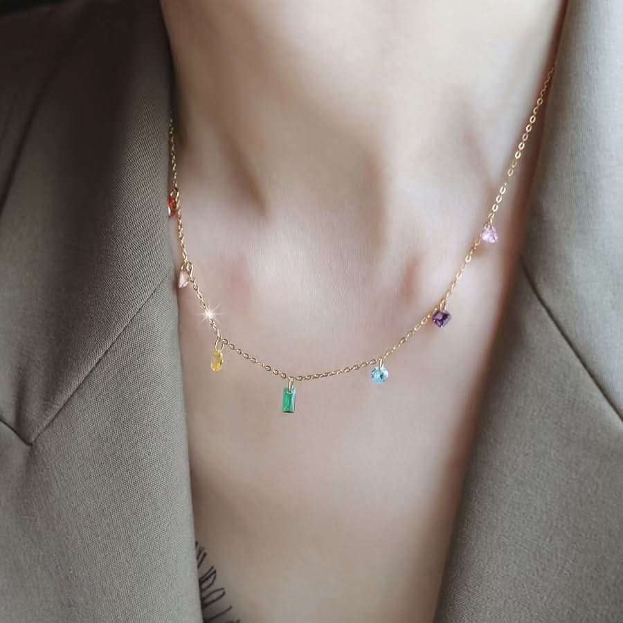 Stainless Steel Charm Necklace with Multicolor Cubic Zirconia