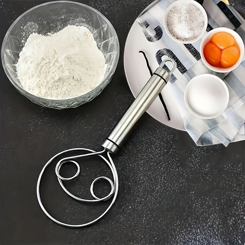 Stainless Steel Dough Mixer with Scraper - Handheld Dual-Hole Whisk