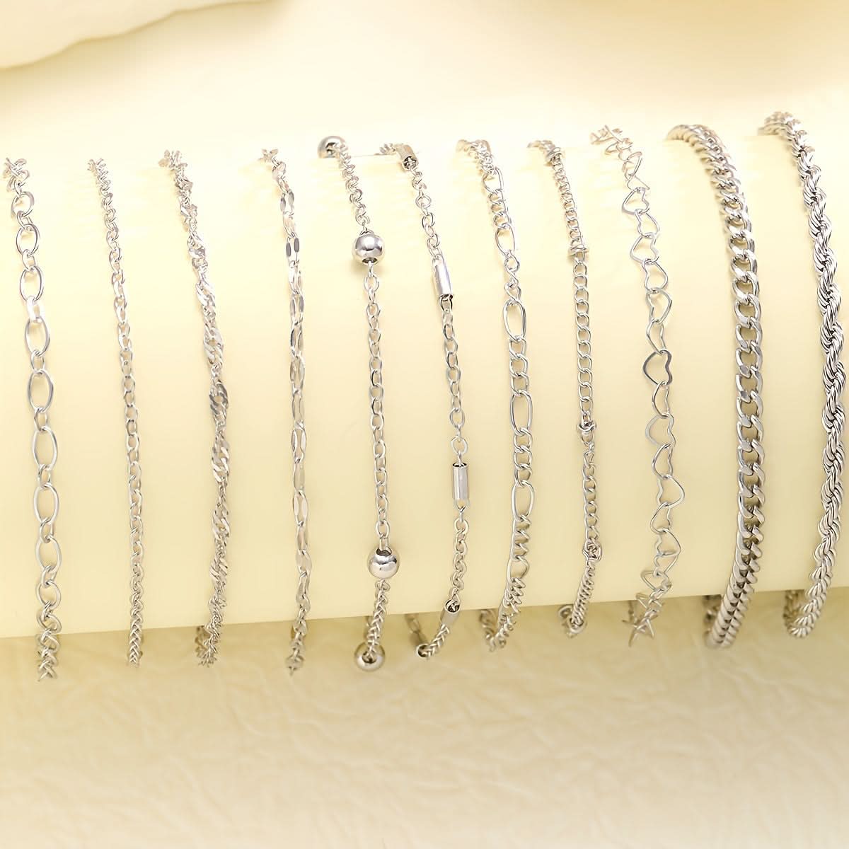 Pack of 11-Piece Simple Chain Twist Anklet Set