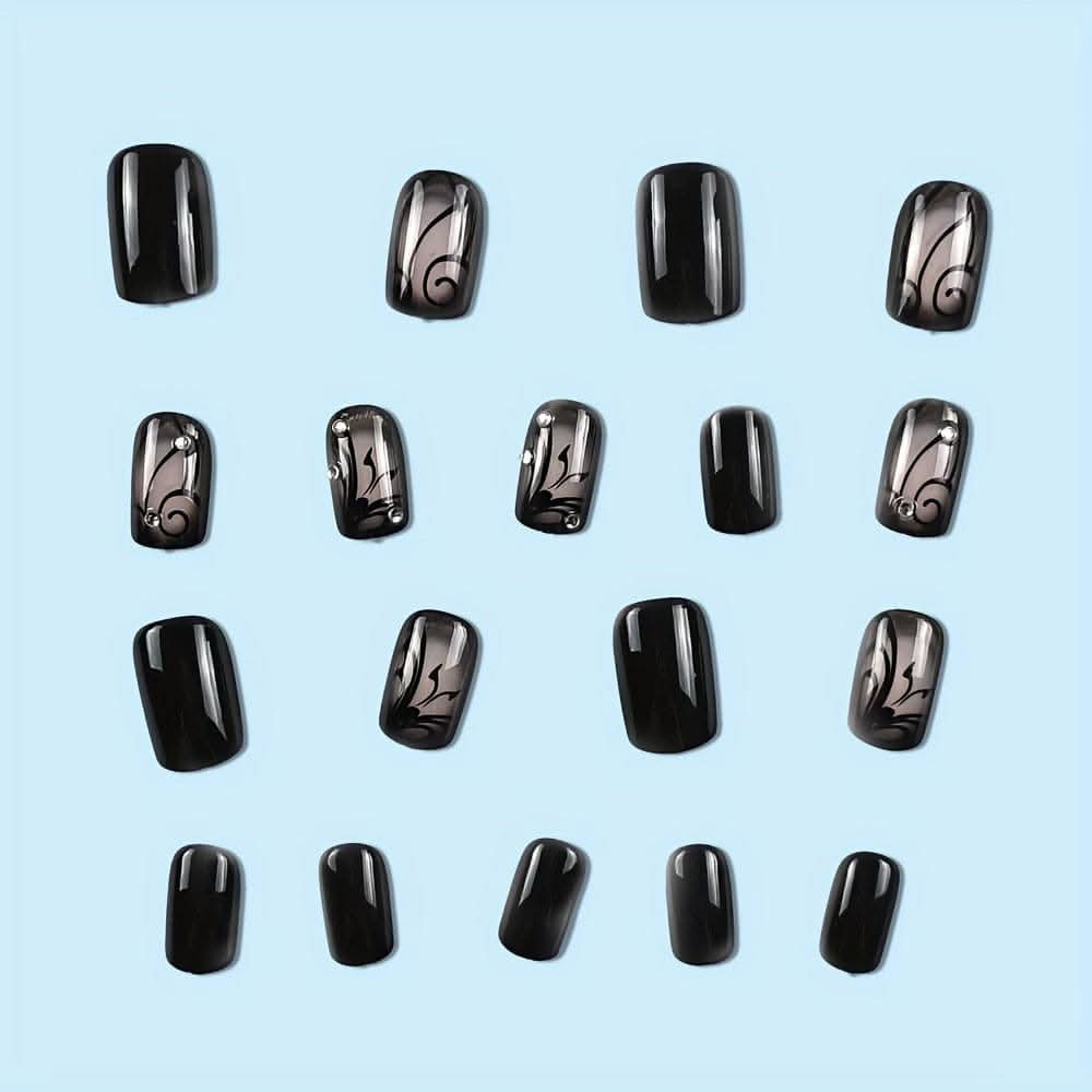 Short Square Press-On Nails – Black Vine Design, Full Cover False Nails