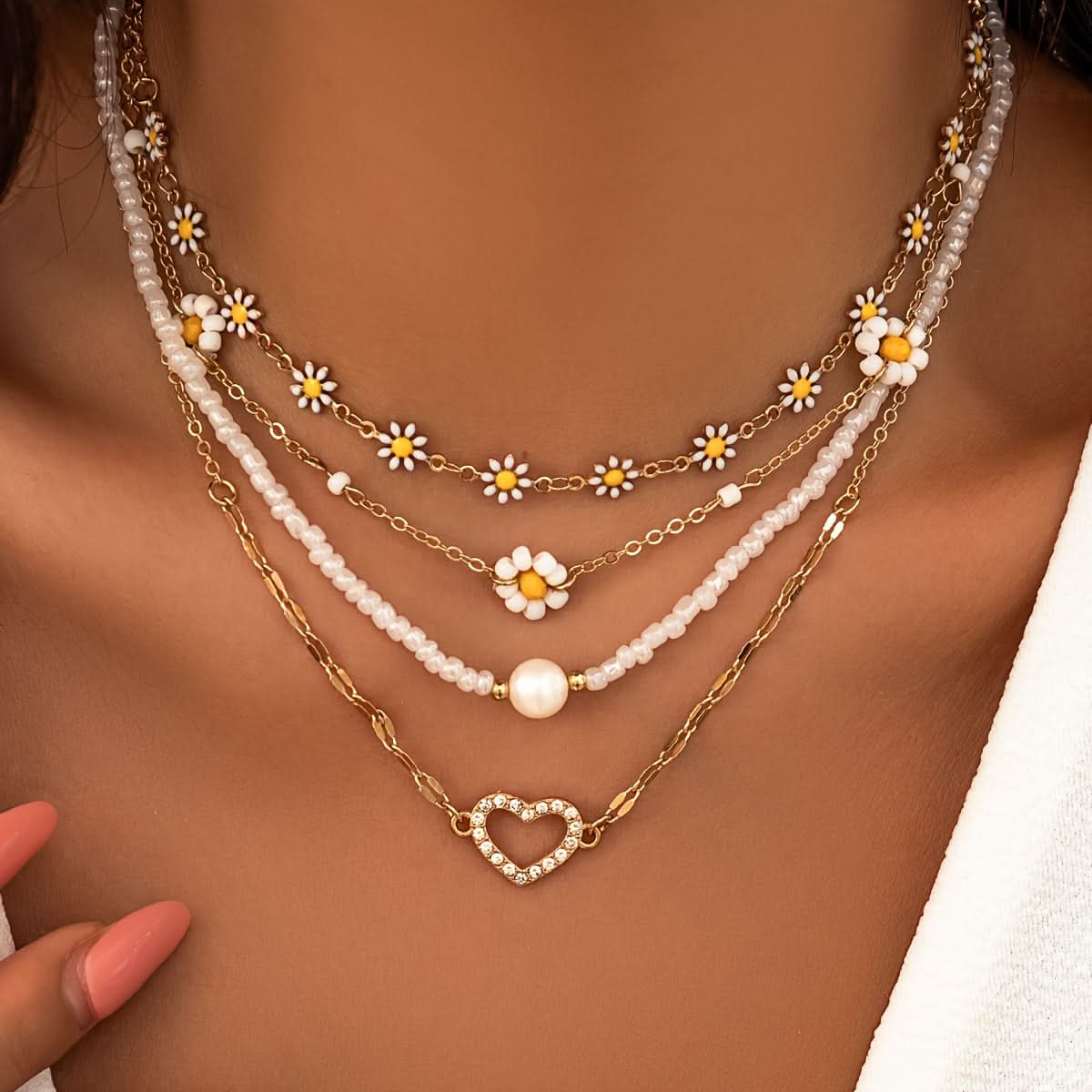 4pcs/Set Boho Chic Multilayer Pearl Beaded Necklace