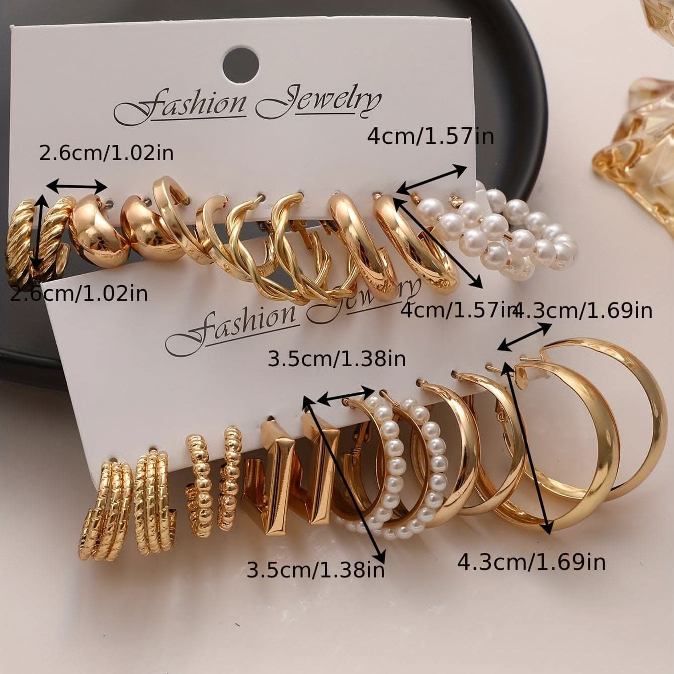 12 Pairs of Golden Geometric C-Shaped Ball Imitation Pearl Hoop Earrings Set